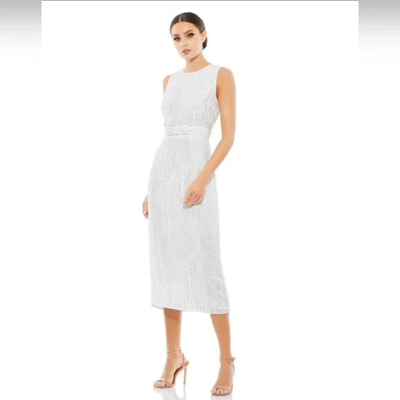 NWT Mac Duggal 93597 White Beaded Sleeveless Midi Sheath Dress -Size 8 - Picture 3 of 12